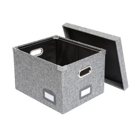 Pendaflex Collapsible File Box with Lid, Includes File Frame for Letter and Legal Hanging File Folders, Metal Handles, Labels, Heather Gray (41790)