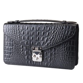 CHRISTINA AGE AN-286 Men's 2nd Bag, Cowhide Leather, Crocodile, Embossed 2-in-1 Wallet Bag, Black