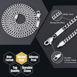 VEXXS Men's Gold Chain, 18K Real Gold Plated Miami Cuban Link Chain, Durable No Color Fading 3mm 4mm 6mm Men’s Necklace Chain Urban Fashion Street Wear (4mm-White Gold, 20.00)