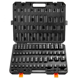 VEVOR Drive Impact Socket Set,  SAE 1/4"-3/4" and Metric 6-19mm, 6 Point Cr-Mo Alloy Steel for Auto Repair, Includes Extension Bars Universal Joint Adapter Lock Storage Case Tool Box:_59PC CR-MO - 3/8" & 1/2" - SAE&Metric