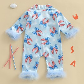 woshilaocai Baby Girl Button Down Romper Bow Strawberry Fuzzy Cuff Long Sleeve Jumpsuit Spring Summer Clothes (Stars Stripes Bow,12-18 Months)