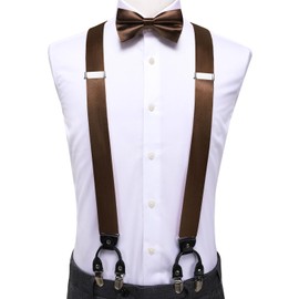 Hi-Tie Men Suspender Bowtie Set Suspenders Pre-tied Bow Tie Pocket Square Cufflinks Adjustable Y Shape 6 Clips Braces Tuxedo,Brown