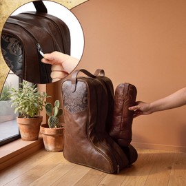 SilTriangle Cowboy Brown Boot Bag with Handle Cowgirl Western Floral Leather Travel Carry Shoe Storage Bag Fits Boots up to 17 Inches Dual-zipper Ideal for Rodeo Equestrian Travel Daily Use