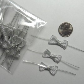 Weststone 25pcs 1 1/4" Solid Metallic Silver Fabric Pre-Tied Ribbon Bows for Cello Bags
