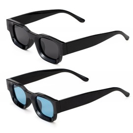 Teumire Retro Rectangle Polarized Sunglasses for Small Face Women Men Chunky Square Thick Frame Glasses UV400 Protection(Black/Grey+Black/Blue)