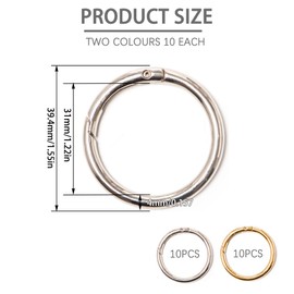 Bofanze Pack of 20 Carabiner Round 40 mm Thick Zinc Alloy Round Carabiner Ring Gold and Silver Carabiner Hook Round Large Carabiner Ring for Bag, DIY Crafts (Wire Diameter 4 mm)