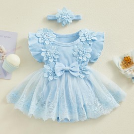 MERSARIPHY Newborn Baby Girl Boho Outfits Infant Lace Tulle Ruffle Bubble Romper Dress Jumpsuit Bodysuit Photoshoot Clothes(Blue ribbed,6-12 Months)