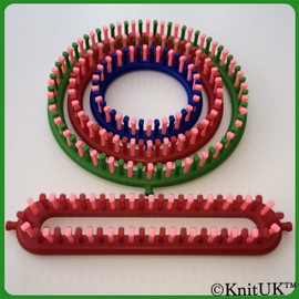 KnitUK Knitting Loom Assortment Set of 4: 1 Long + 3 Round Looms. with Pink Extra-pegs to be Fitted.