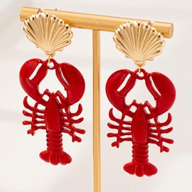 Nautical Seashell and Red Lobster Dangle Earrings, Gold-Tone Statement Jewelry, Beach Theme Fashion Accessories