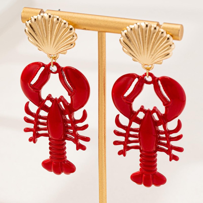Nautical Seashell and Red Lobster Dangle Earrings, Gold-Tone Statement Jewelry,