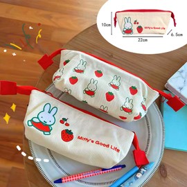 Miffy Boris Strawberry Pen Case, Pencil Case, Stationery Storage, Large Capacity, Pencil Case, Stylish, Multifunctional, Cosmetic Pouch, Pen Case, Lightweight, Simple, Canvas, Zipper, Pen Case, Easy
