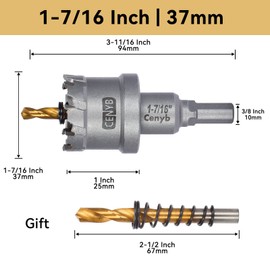 CENYB 1-7/16" (37mm) Tungsten Carbide Tipped Hole Saw with 2Pcs Titanium-Plated Pilot Drill Bits for Metal, Steel, Iron, Wood, Plastic