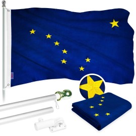 UD_G128 Combo Pack: 5 Ft Tangle Free Aluminum Spinning Flagpole (Silver) & Alaska AK State Flag 2x3 Ft, ToughWeave Series Embroi