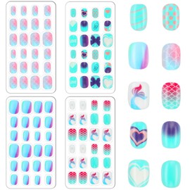 96 Pcs Fake Nails for Kids Press on Nails Full Cover Girls Short Stick on Nails Pre-glue False Nail Tips for Girls Kids Nail Art Decoration Party Favors(Blue & Green)