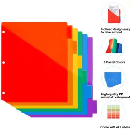 6 Pcs Binder Dividers with Write on Tabs for 3 Ring Binder,Page Folder Dividers,Tab Durable Plastic Big Tab Dividers,Vibrant Color Tabbed File Dividers with Pockets,Premium Quality Notebook Dividers