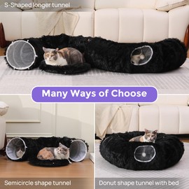 RYpetmia Plush Cat Tunnel Bed for Indoor Cats with Soft Cushion, Multi-Shape Play Cave with Hanging Balls, Large and Foldable Cat Donut Tunnel for Small and Large Pets (Black)