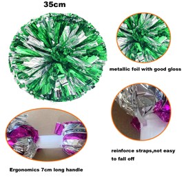 Pack of 6 Pom Poms Cheerleading, Cheerleader Pompoms, 12 Inch Metallic Cheerleading Pompoms, Cheer Poms with Handle, Cheerleader Pompoms Hand Flowers for Sports Dance Cheering Children Adults (Green +