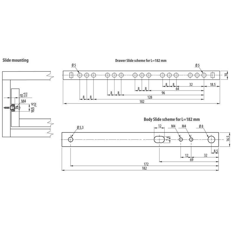 Ball Bearing Drawer Runners Groove Slides, H-17mm L-246mm (1 Pair)