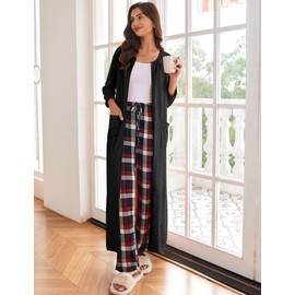 Ekouaer Zipper Robes for Women Ribbed Knit Bathrobe Lightweight Full Length Loungewear with Pockets Black,M