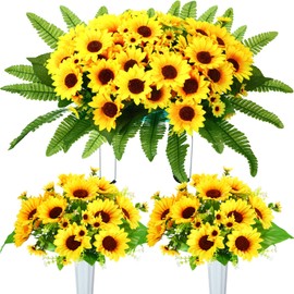 3 Pieces Artificial Cemetery Flowers for Headstone Memorial Day Flowers Funeral Headstone Saddle Sunflowers Bouquets with Vase for Outdoor Tombstone Grave Decoration(Yellow)