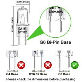 G8 Halogen Bulb, 35W 120V G8 Bi-Pin Base Xenon Bulb, T4 JCD Type 2700K Warm White Dimmable for Under Cabinet Puck Lighting Replacements (12 Pack)