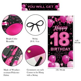 HTTZZI Happy 18th Birthday Decorations for Girls - Fabric 18 Years Old Birthday Backdrop Banner, Yard Sign, Photo Props Background - Hot Pink Birthday Party Decor Supplies for Women