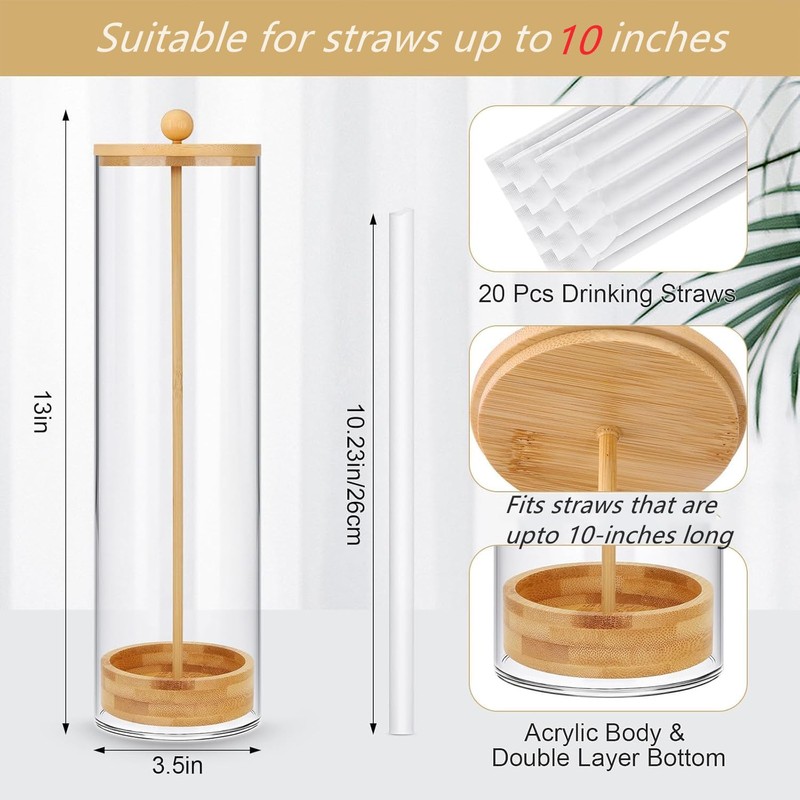 JYPS 13-Inch Acrylic Straw Dispenser with Bamboo Lid with 100