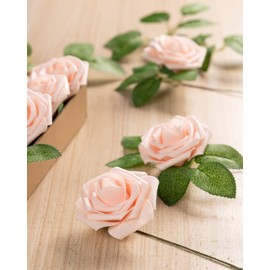 DuHouse 25Pcs Artificial Roses Flowers Fake Roses with Stems Real Touch Foam Flowers for DIY Wedding Bouquet Baby Shower Centerpiece Floral Arrangement Party Home Decor(Blush)