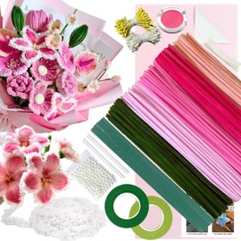 NafuXiaJJia 5-Color Pink Pipe Cleaner Flower Kit,300 Pcs Pipe Cleaners Craft, with 1 Roll Fluffy Yarn,50 Pearls,100 Flower Stamens,15 Floral Wire,2 Floral Tape,2 Wrapping Paper,Ribbon and Instruction