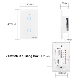 Smartyuns WiFi Smart Wall Light Switch - White, Tempered Glass Panel Touch Switch, 2 Gang for 1 Gang Box, Timer Function, Wireless Lighting Control