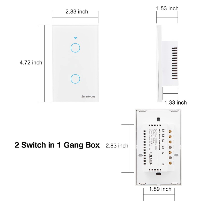 Smartyuns WiFi Smart Wall Light Switch - White, Tempered Glass