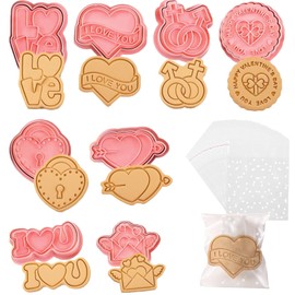 WUXTANGZ Love Cookie Cutters, 8PCS Heart Cookie Stamps and 100PCS Cookie Treat Bags Set, Plastic Cookie Press Cookie Mould Kitchen Tools for Party Wedding, Anniversary, Valentine's Day (Heart B)