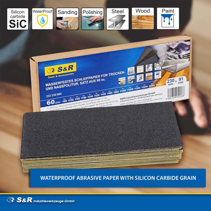 S&R Sandpaper, Waterproof Abrasive Paper Assortment for Wet and Dry