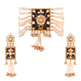 I Jewels Gold Plated Handcrafted Traditional Enamel Beaded Choker Jewelry Set Glided With Faux Kundan & Pearls Along with Earrings For Women (ML118BL)