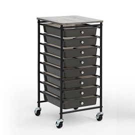 SunnyPoint Wooden Top Compact Rolling Storage 8 Drawers Organizer Mobile Utility Cart, Under Desk Storage Cart with Caster Wheels (Compact 8 Drawers, Black)