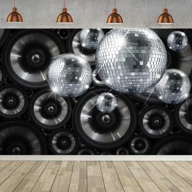 3 x 2 m Photo Background Disco Silver Disco Ball Stage Night Club Music Dance Party Neon Birthday Photography Background 70s 80s 90s Family Adult Disco Theme Party Decorations