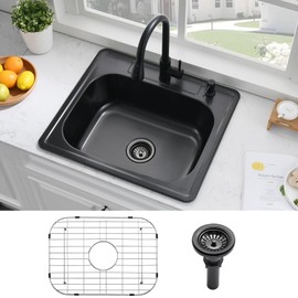 25 Inch Black Drop In Kitchen Sink-Bokaiya 25x22 Drop In RV Outdoor Sink Stainless Steel 18 Gauge Single Bowl Top Mount Kitchen Sinks with Dish Grid