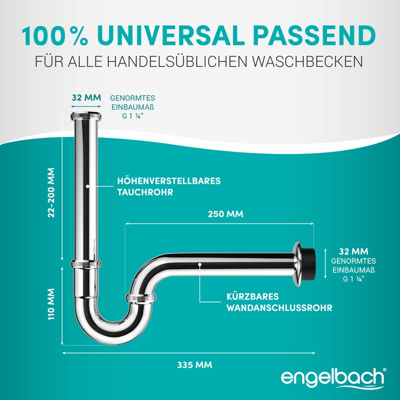 Engelbach® Siphon for washbasins, extra long 200 mm, drain pipe,