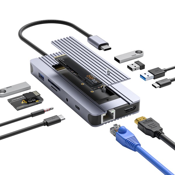 12-in-1 Hub with M.2 NVMe/SATA SSD Enclosure – Adapter for