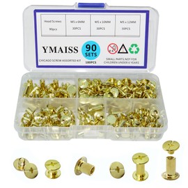 YMAISS 90 Sets Chicago Screws 3 Size 1/4,3/8,1/2in Brass Plated Screw Posts Bookbinding Posts Binding Screw Chicago Button Post Rivets Screw Belt Screws Leather Phillip Head,Gold Color box