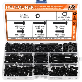 HELIFOUNER 285 Pieces M6 x 10mm /12mm /16mm /20mm /25mm /30mm, Button Head Socket Cap Screws Bolts Nuts Washers Kit, 10.9 Grade Alloy Steel, Fully Threaded, Black