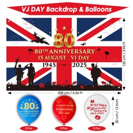 AhfuLife VJ Day 80th Anniversary Flag Backdrop Banner, 200 x 120cm Large Banner with 15Pcs VJ Day Balloons for Victory in Japan Day Decorations Memorabilia