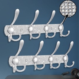 BlackFish Wall Mounted Coat Rack, Shiny Silver Rhinestones Four Heavy Duty Tri Hooks,Coat Rack freestanding,Purse Rack,for Jacket Coat Hat in Mudroom Entryway (2-Pack)