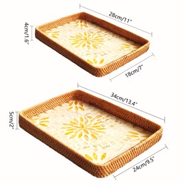 i-lan Set of 2 Rectangle Rattan Wicker Serving Trays with Mother of Pearl Inlay, 13",11.5" Decorative Long Table Tray,Counter Top Woven Basket and Storage for Display,Home Décor and Coffee Table