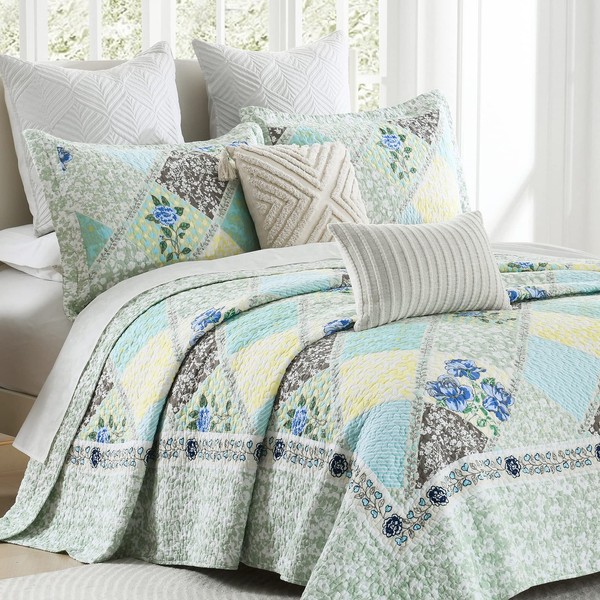 Finlonte Quilt King Size Bedding Set, Floral Real Patchwork Green