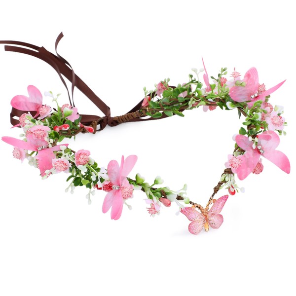 MOSTORY Pink Butterfly Elf Headpiece for Women, Woodland Flower Fairy