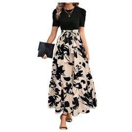 WDIRARA Women's Floral Print Color Block Maxi Dress Puff Sleeve Belted A Line Dresses Apricot and Black Medium