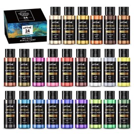 Artme Metallic Acrylic Paint Set, 24 Metallic Colors in 2 oz/60ml Bottles, Metallic Shining Acrylic Paint, Rich Pigments Paint Perfect for Artists, Beginners on Canvas, Rocks, Wood, Fabric, Ceramic