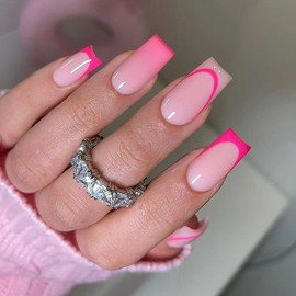 Medium Length Coffin False Nails - 24pcs Gradient Pink Press on Nails - 12 Sizes Pink Nails French Tip Fake nails with Glue - Full Cover Glossy Artificial Nail for Women Girls