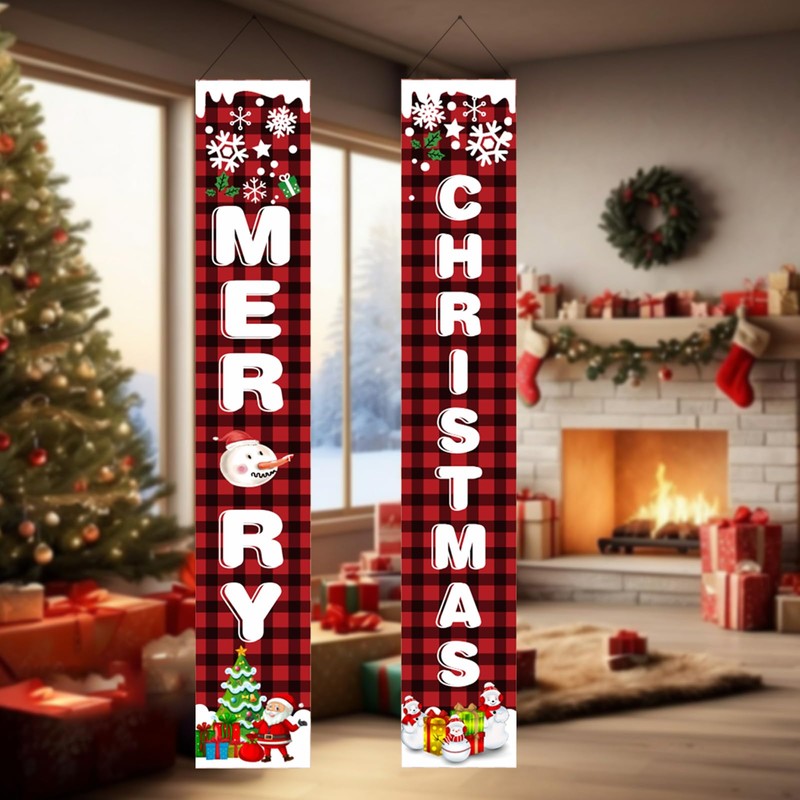 Merry Christmas Door Banner Set, Buffalo Plaid Red Black Porch